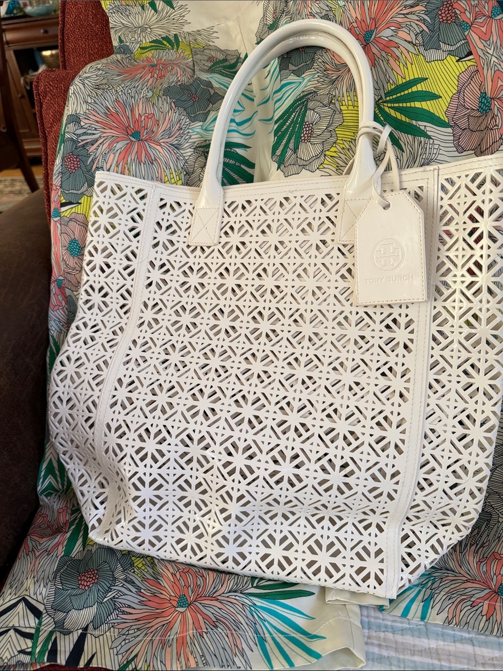 Tory Burch White Laser-Cut Leather Tote
